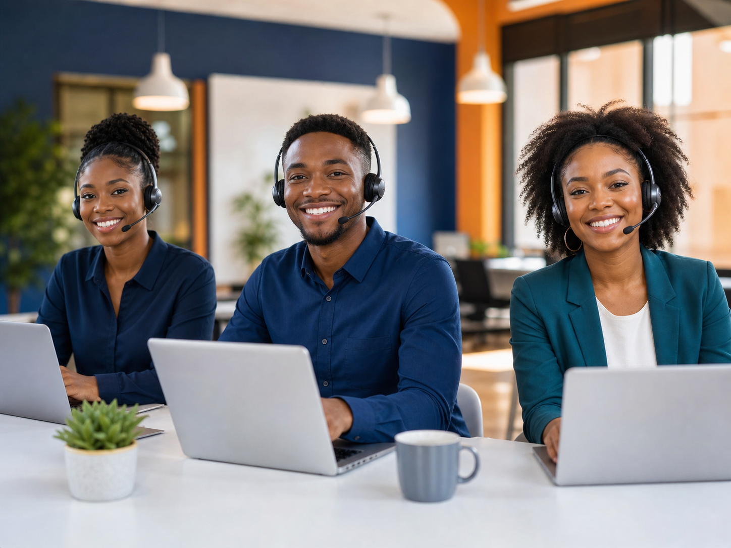 Young African customer service agents ready to help learners with training inquiries